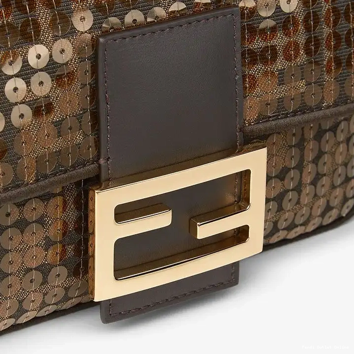 Affordable Mini Brown Motif Fabric with Sequins Baguette Bag FF Fendi In 0616